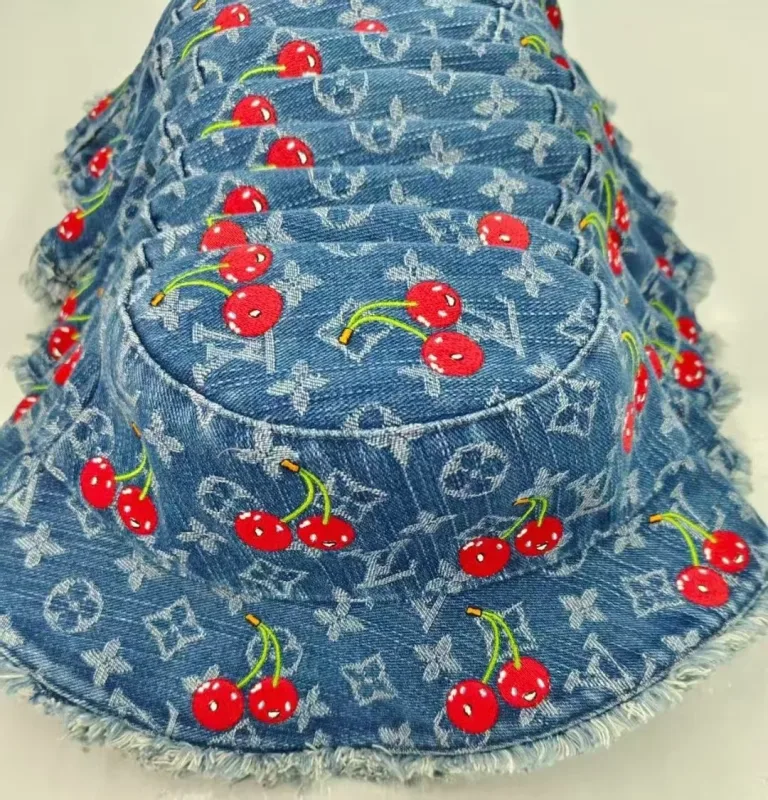 denim bucket hat with cherry print