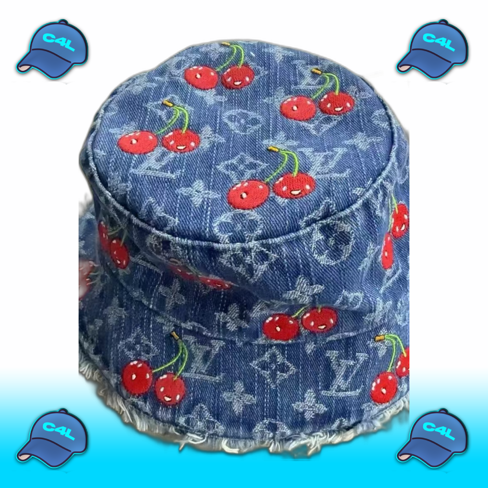 denim bucket hat with cherry print